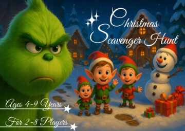 Festive Christmas scavenger hunt illustration for kids ages 6–9, featuring a snowman, winter scenery, and a magical elf adventure in the snowy village of Winterlingen.