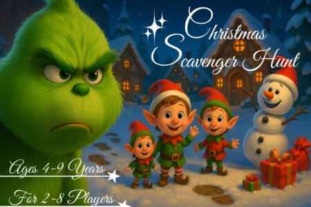 Festive Christmas scavenger hunt illustration for kids ages 6–9, featuring a snowman, winter scenery, and a magical elf adventure in the snowy village of Winterlingen.