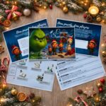 Christmas scavenger hunt printable kit for kids with clue cards, story pages, and holiday party game materials on a festive table