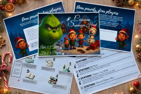 Christmas scavenger hunt printable kit for kids with clue cards, story pages, and holiday party game materials on a festive table