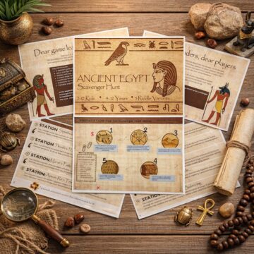 Printable Egypt scavenger hunt station cards with story and puzzle challenges for kids