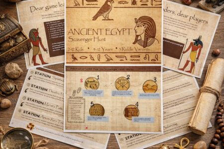 Printable Egypt scavenger hunt station cards with story and puzzle challenges for kids