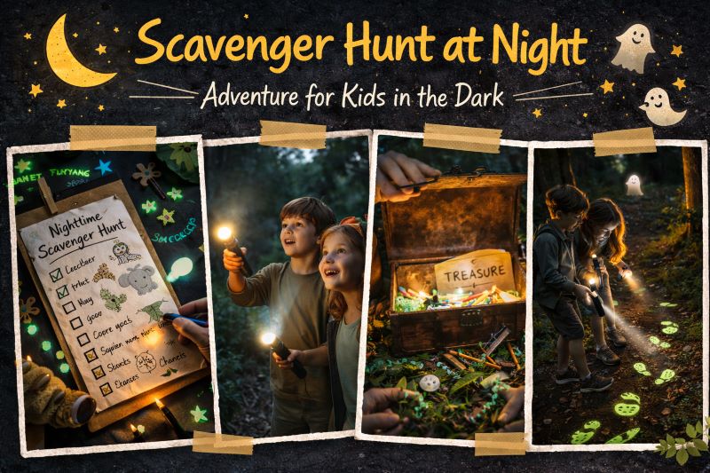 Landscape hero collage showing children on a nighttime scavenger hunt with flashlights, glowing footprints, treasure chest, and checklist in a dark forest setting