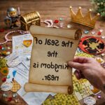 Hand holding a parchment-style scroll from a princess and knight scavenger hunt with intentionally unreadable text, surrounded by medieval game pieces and decorations