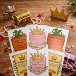Princess and knight scavenger hunt invitations and certificates arranged on a wooden background with crown, treasure chest, pearls, and colorful gems