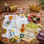Princess and knight scavenger hunt game materials including puzzles, shields, crowns, swords, and clue cards displayed on a wooden tabletop with fantasy decorations