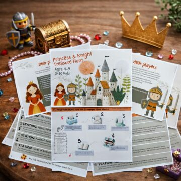 Princess and knight treasure hunt printable laid out on a wooden table with medieval decorations, castle illustration, game instructions, and activity sheets for kids ages 4–9