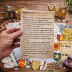 Hand holding the princess and knight scavenger hunt story introduction page with medieval game materials, treasure chest, crown, and puzzle pieces in the background