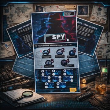 Printable spy scavenger hunt kit for kids with puzzles, evidence sheets, agent cards and secret mission materials on a detective desk