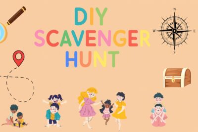 Colorful children’s illustration with playful icons promoting a DIY scavenger hunt, featuring maps, treasure chest, compass, and happy kids