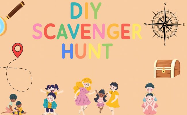 Colorful children’s illustration with playful icons promoting a DIY scavenger hunt, featuring maps, treasure chest, compass, and happy kids