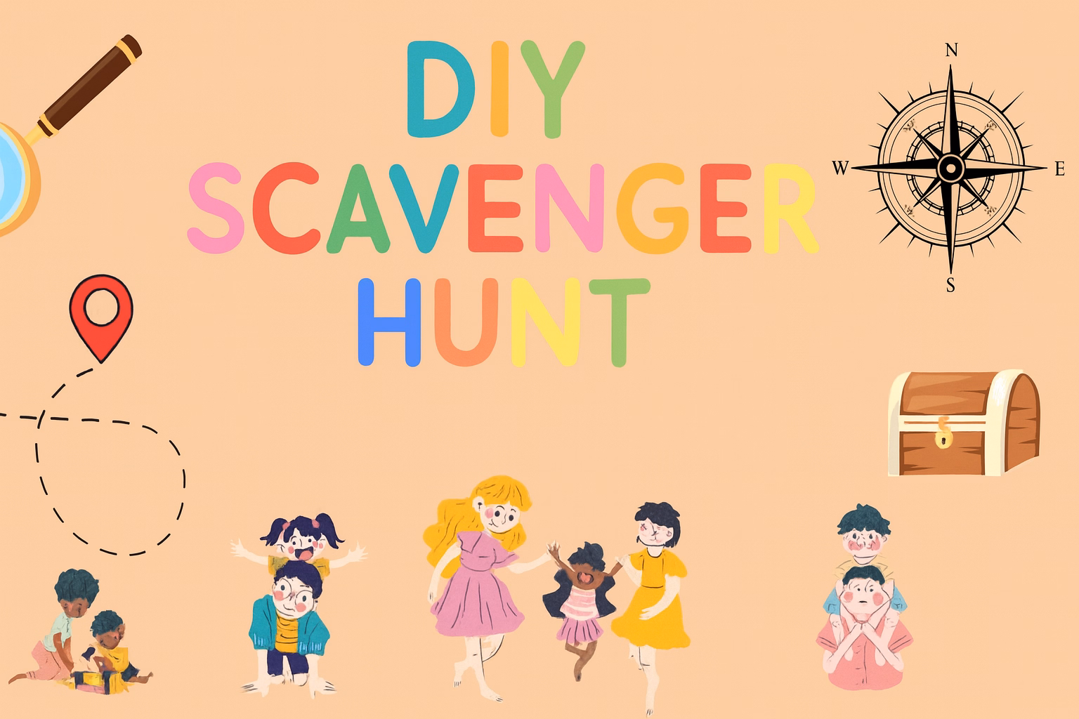Colorful children’s illustration with playful icons promoting a DIY scavenger hunt, featuring maps, treasure chest, compass, and happy kids