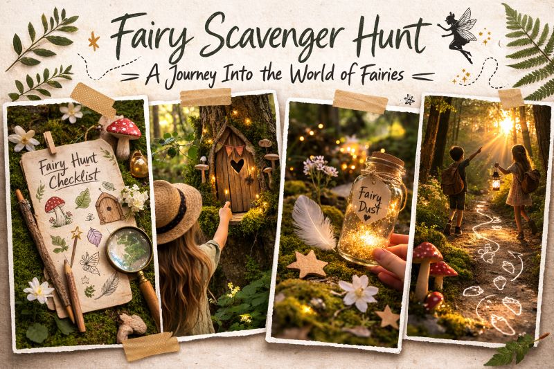 Landscape hero image collage showing a fairy scavenger hunt for kids with checklist, fairy door, glowing lanterns, and magical forest path in warm sunset light