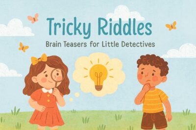 Cute hand-drawn illustration of children solving riddles and brain teasers in a detective-themed scene, colorful and playful style for kids