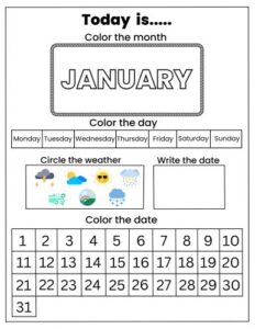 January calendar worksheet for kids with days of the week, weather icons and date writing activity