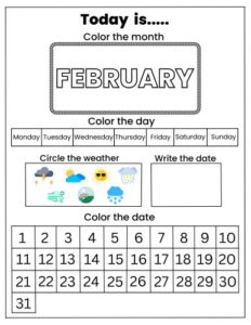 February printable calendar worksheet for kids to learn days, dates and weather tracking