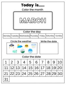 March daily calendar worksheet for preschool kids with coloring and date practice