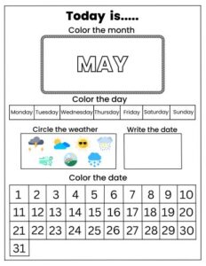 May printable calendar worksheet for kids learning days of the week and dates
