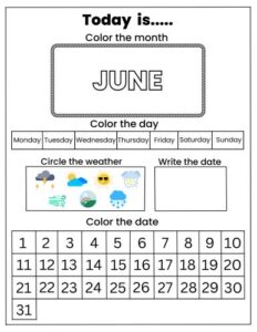 June calendar worksheet for kids with daily routine, weather symbols and date writing