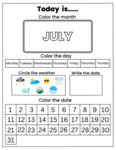 July printable calendar activity for kids to practice months, days and weather