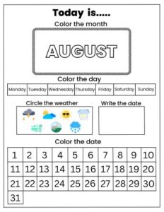 August calendar worksheet for preschool and kidsgarten kids with coloring activities