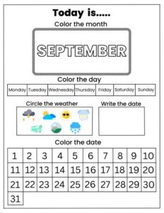 September daily calendar worksheet for kids learning dates and days of the week