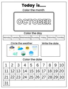 October printable calendar worksheet for kids with weather tracking and date coloring
