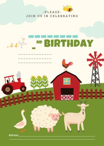 Colorful farm themed birthday party invitation for children