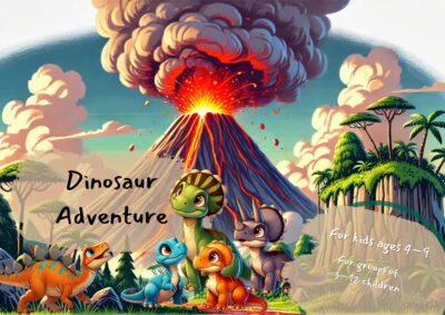 Colorful illustration of five cute dinosaurs standing in front of an erupting volcano in a prehistoric jungle, used as the title image for a dinosaur scavenger hunt for kids ages 4–9.