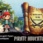 Illustrated pirate adventure title image showing a cheerful child pirate with a sword, a parrot, a treasure chest, and a pirate flag on a tropical island. A weathered treasure map with crossed sabers reads “On the search for the lost treasure.” Designed for a children’s pirate scavenger hunt (ages 3–9) and printable party game.