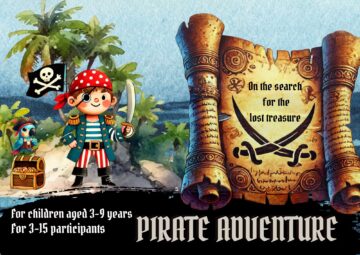 Illustrated pirate adventure title image showing a cheerful child pirate with a sword, a parrot, a treasure chest, and a pirate flag on a tropical island. A weathered treasure map with crossed sabers reads “On the search for the lost treasure.” Designed for a children’s pirate scavenger hunt (ages 3–9) and printable party game.