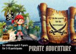 Illustrated pirate adventure title image showing a cheerful child pirate with a sword, a parrot, a treasure chest, and a pirate flag on a tropical island. A weathered treasure map with crossed sabers reads “On the search for the lost treasure.” Designed for a children’s pirate scavenger hunt (ages 3–9) and printable party game.