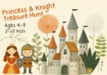 Illustration of a Princess & Knight scavenger hunt for children ages 4–9, showing a magical medieval theme with castle elements and playful adventure vibes.