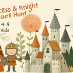 Illustration of a Princess & Knight scavenger hunt for children ages 4–9, showing a magical medieval theme with castle elements and playful adventure vibes.