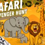 Illustrated title image for a Safari Scavenger Hunt for children ages 4–9, featuring friendly safari animals, warm colors, and playful expedition elements that introduce the adventure theme.