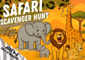 Illustrated title image for a Safari Scavenger Hunt for children ages 4–9, featuring friendly safari animals, warm colors, and playful expedition elements that introduce the adventure theme.