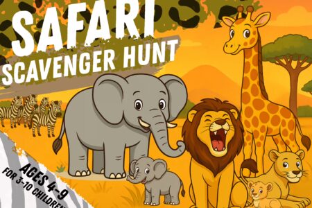 Illustrated title image for a Safari Scavenger Hunt for children ages 4–9, featuring friendly safari animals, warm colors, and playful expedition elements that introduce the adventure theme.