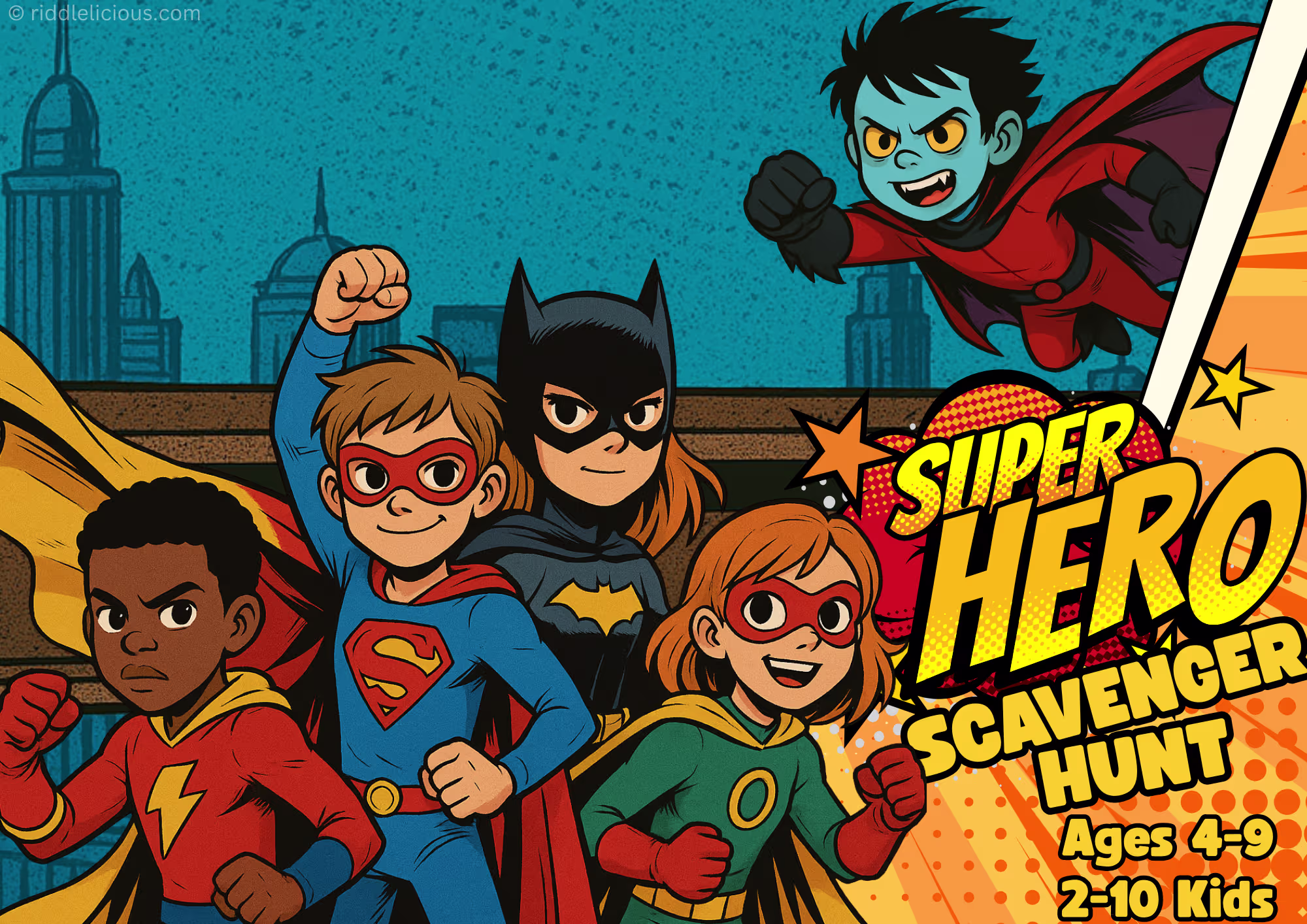 Illustration of a colorful superhero scavenger hunt for children ages 4–6, featuring bright comic-style graphics, friendly hero characters, and a playful adventure theme.