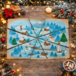 Printable winter scavenger hunt map puzzle for kids showing snowy village treasure hunt scene