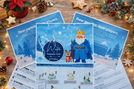 Printable winter scavenger hunt for kids with treasure hunt cover, instructions and activity sheets on festive table