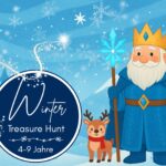 Illustrated winter treasure hunt cover showing a friendly Frost King with an ice staff and a reindeer in a snowy landscape. The image promotes a magical winter scavenger hunt for children aged 4–9 years.