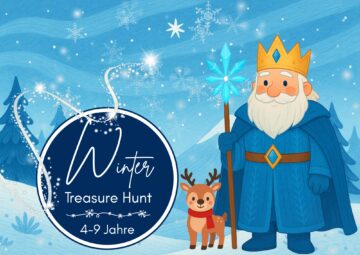 Illustrated winter treasure hunt cover showing a friendly Frost King with an ice staff and a reindeer in a snowy landscape. The image promotes a magical winter scavenger hunt for children aged 4–9 years.