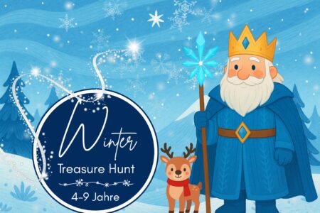 Illustrated winter treasure hunt cover showing a friendly Frost King with an ice staff and a reindeer in a snowy landscape. The image promotes a magical winter scavenger hunt for children aged 4–9 years.