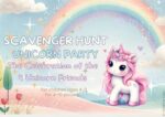 Illustration of four friendly unicorn friends in a magical forest, inviting children to a unicorn-themed scavenger hunt filled with friendship, puzzles, and adventure.