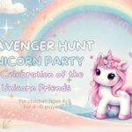 Illustration of four friendly unicorn friends in a magical forest, inviting children to a unicorn-themed scavenger hunt filled with friendship, puzzles, and adventure.