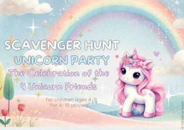 Illustration of four friendly unicorn friends in a magical forest, inviting children to a unicorn-themed scavenger hunt filled with friendship, puzzles, and adventure.