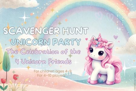 Illustration of four friendly unicorn friends in a magical forest, inviting children to a unicorn-themed scavenger hunt filled with friendship, puzzles, and adventure.