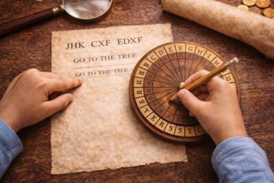 Child decoding a Caesar cipher with a cipher wheel and writing the clue Go to the tree on parchment