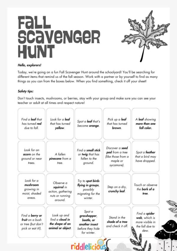 Free Fall Nature Scavenger Hunt Printable PDF for Kids