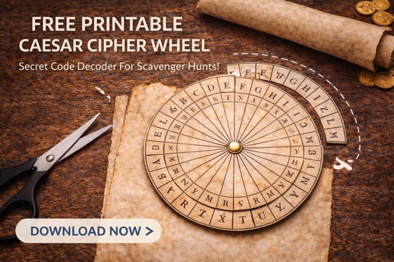 Free printable Caesar cipher wheel with scissors and parchment for decoding secret scavenger hunt clues